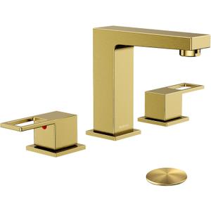 HURRAN 8 Inch Widespread Bathroom Faucet 3 Hole Brushed Gold-2 Handle Square Bathroom Sink Faucet with Pop-Up Drain & Supply Lines, Lead-Free SUS 304 Stainless Steel for 6-12" Vanity Sink Remodel
