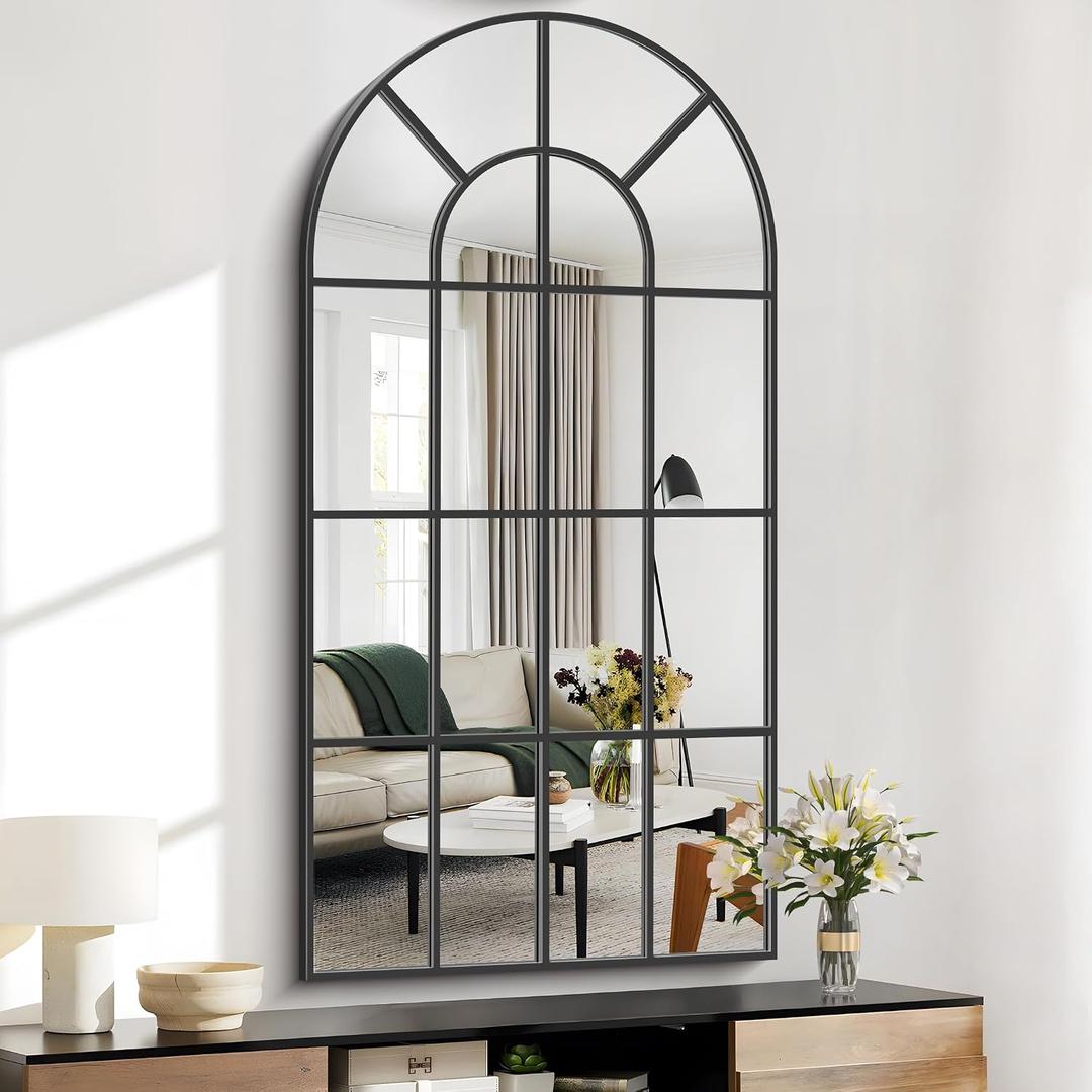 Black Arched Mirror, 30x60 inch Window Pane Mirrors for Wall Decor, Arch Window Mirror, Wall Mounted Mirror, Black Frame Arched Mirrors for Living Room Bedroom Entryway, Hanging or Leaning Against
