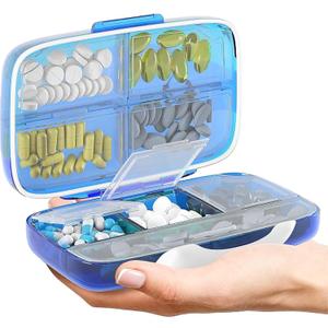 Travel Pill Organizer - Airtight Medicine Case for Traveling Portable Pharmacy Box with Labels Vitamin Container 8 Compartment Supplement Medication Holder Large Capacity Daily (Blue)
