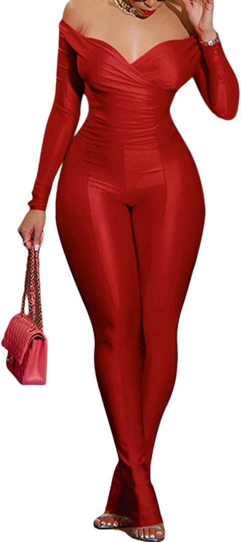 acelyn 2 Piece Outfits for Women Sexy Off Shoulder Tops Bodycon Flared Pant Sets Club Outfits Tracksuit (Red, M)