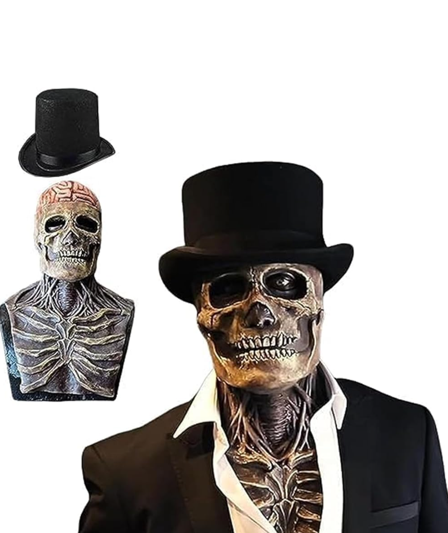 Halloween Skull Mask Scary Full Head Latex Skeleton Mask Moving Jaw,Creepy Biochemical Bare Brain Mask Halloween Decorations (with Hat)