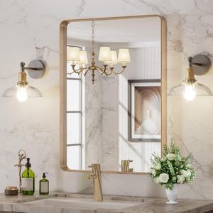LOAAO 22X30 Gold Bathroom Mirror, Rounded Rectangle Gold Frame Mirror, Brushed Gold Bathroom Vanity Mirror Wall-Mounted, Anti-Rust, Hangs Horizontally or Vertically