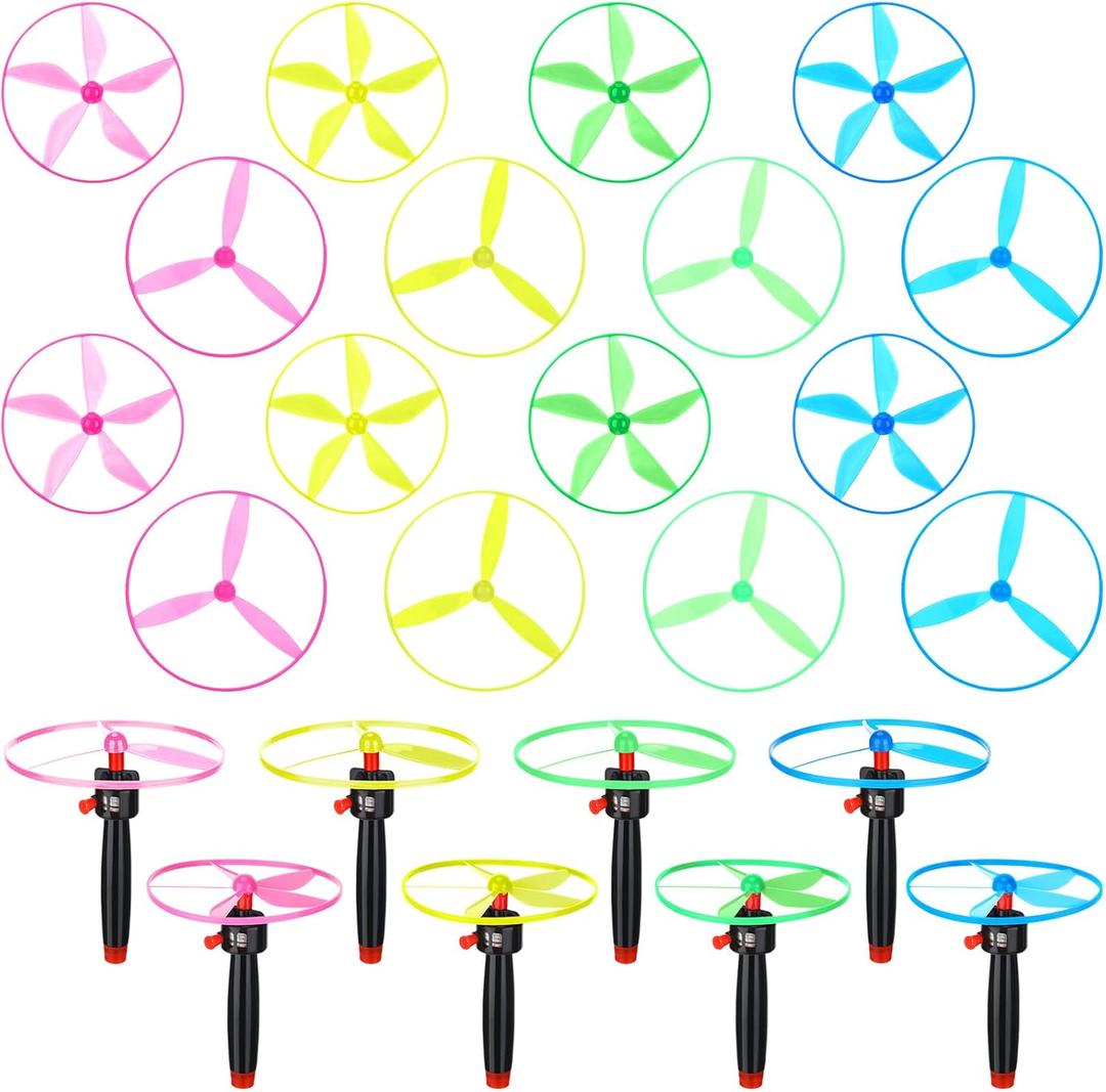 24 Pcs Flying Saucer Flying Disc Toy Helicopter Toy Disco Flyers Include 8 String Launchers and 16 Flying Saucer Flying Disc Launcher Flying Toys Little Teens Outdoor Activity Birthday Favors