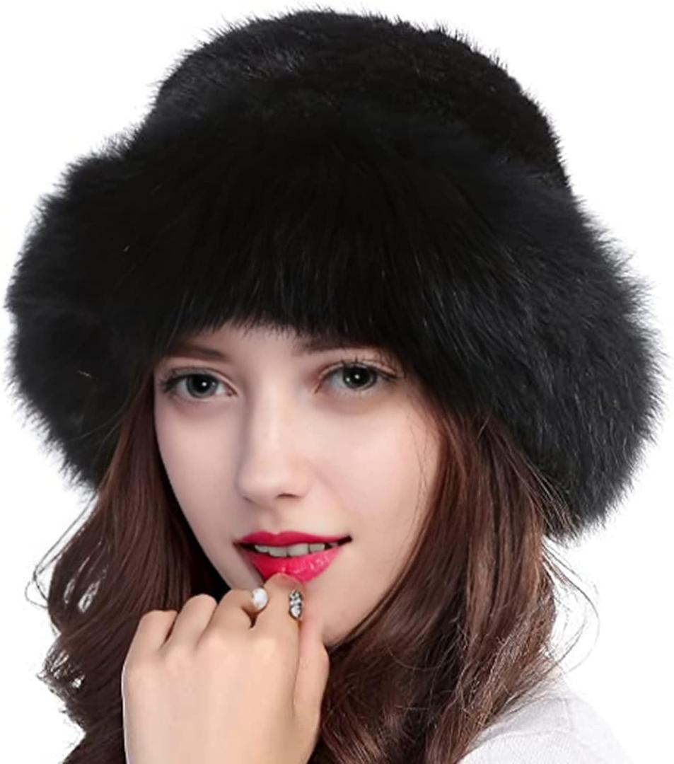 Valpeak Womens Winter Hat Knitted Mink Real Fur Hats with Fox Brim (1, Black)
