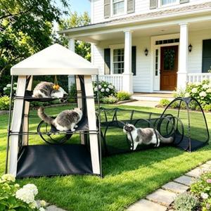 CypherX Extra Large Catio Outdoor Cat Enclosure Pop Up Playpen Tunnel Tent | 3-Level Main Cube with 2 Passages & Mini Housing, Tear-Resistant Mesh, Shade Cover, 8 Stakes, Toy Ropes & Carry Bags, Size: 129''L x 57''W x 49.2''H