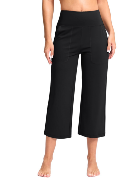 Women's Capri Pants with Pockets High Waist Yoga Pants Wide Leg Workout Crop Summer Pants for Casual, Travel, Exercise, Size Medium, Black