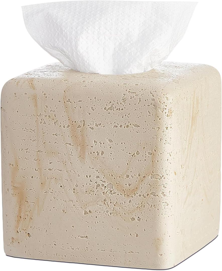 Natural Travertine Tissue Box Cover Modern Resin Cube Holder for Bathroom, Bedroom, Office Decorative Square Tissue Box for Countertop, Nightstand, Vanity & Desk Heavy&Sturdy