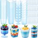 Funnymoom 300 Pack Clear Blue Mini Dessert Cups with Spoons 5oz 3oz Plastic Square Slanted Parfait Appetizer Shooter Round Goblet for Dessert Table Birthday Party Ice Cream Pudding Mousse Yogurt