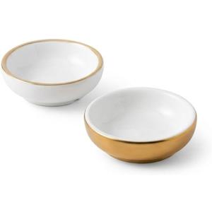 Elanze Designs Gold and White Jewelry Tray Set, Small 3 Inch Ceramic Trinket Dishes with Metallic Finish, Decorative Ring Holder Bowls for Vanity, Dresser, Nightstand, Set of 2