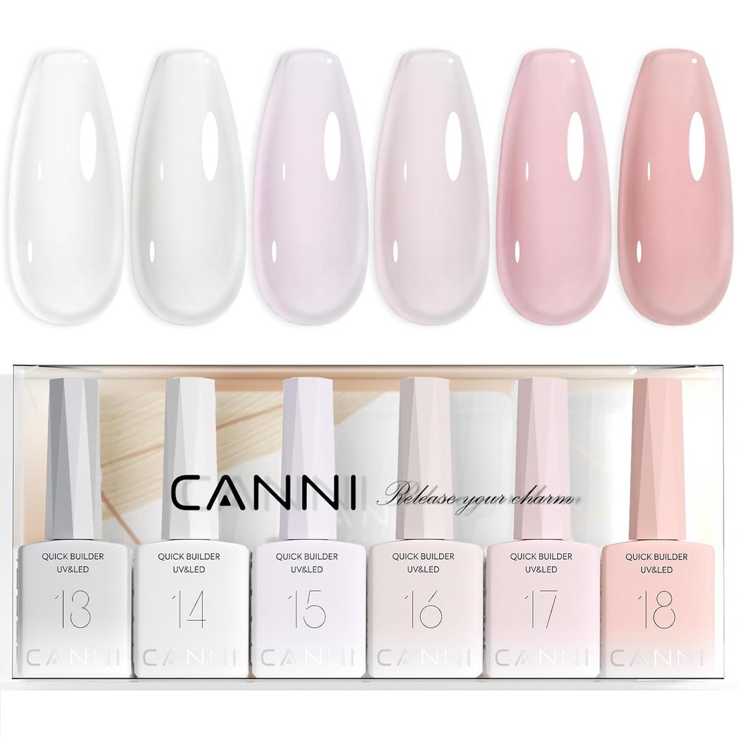 CANNI 6 Pcs 9 Ml Clear Quick Builder Nail Gel Polish Set- Milky White Neutral Nude Pink Colors Builder for Nails Strengthener Gel Thickening Extension for Beginners DIY Home Salon Manicure