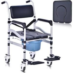Shower Chair with Wheels Aluminium Alloy 4 in 1 Foldable Height Adjustable Shower Wheelchair, Sturdy Rolling Shower Chair with Large Commode for Seniors (Black)