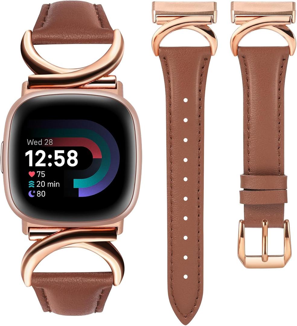 Minyee Leather Bands Compatible with Fitbit Versa 4/Versa 3/Fitbit Sense 2/Sense Band Women, Slim Thin Dressy Designer Premium Leather Strap with C-Shape Metal Buckle for Versa 3 4 Sense 2 Smartwatch