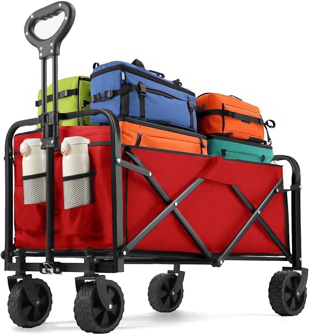Collapsible Wagon 220 lbs, Heavy Duty Wagon Carts Foldable, Portable Wagons for Groceries, Beach Cart with All-Terrain Wheels & Drink Holders, Utility Wagons for Shopping, Sports, Camping, Red