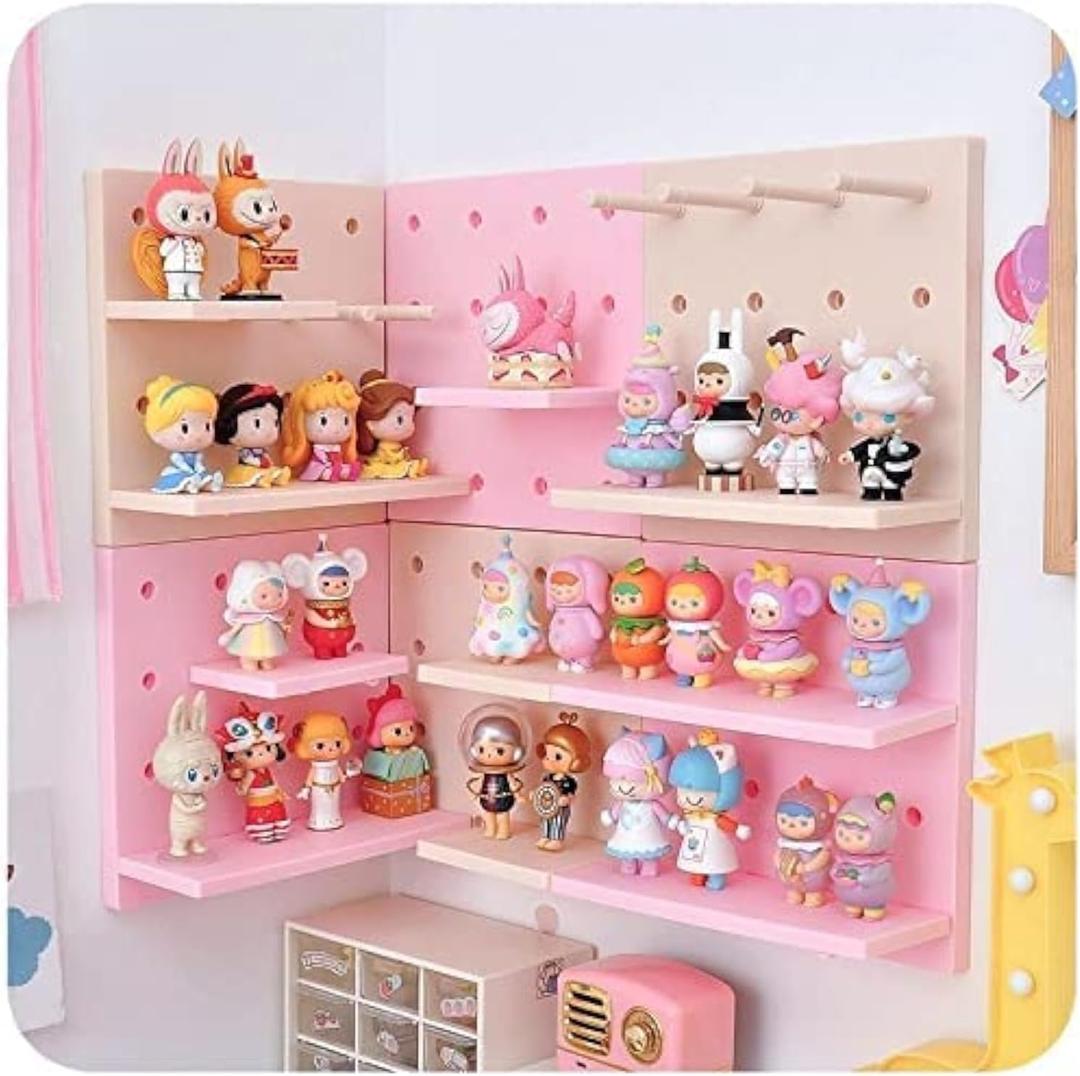 HGYZE Peg Boards for Walls with Shelf & Hooks, No Punching Craft Room Storage for Bedroom Garage Living Room Office, Pegboard Ledges Organizer, 4 Pack Decorative Wall Panel Kits for Blindboxes (Pink)