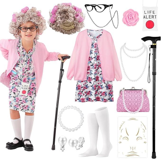 100 Days of School Old Lady Costume Set with Granny Dress Cardigan Old Lady Wig Glasses Grandma Dress Up Outfits