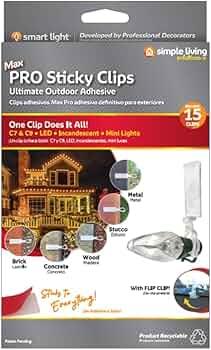 Simple Living Solutions Max Pro Anywhere Sticky Light Clips, Outdoor Adhesive Light Clips for Gutters, Siding & Surfaces, Works with C7, C9, LED & String Lights (15 Count)
2 Pack