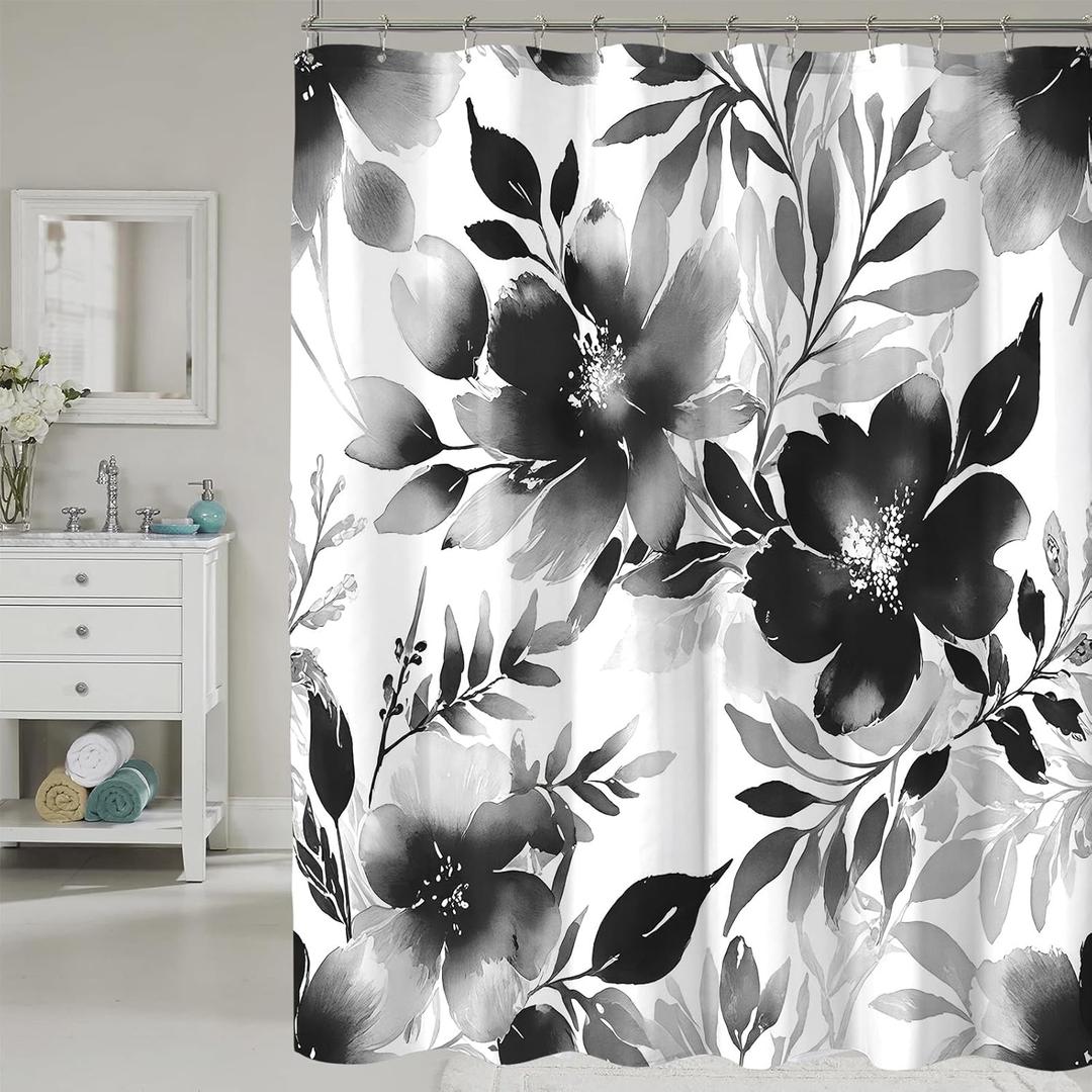 Floral Shower Curtain, Black Watercolor Flower Shower Curtains for Bathroom, Modern Minimalist Waterproof Fabric Bath Decoration 72x72 Inch