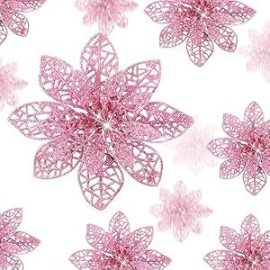 WILLBOND 36 Pieces Christmas Poinsettia Flowers Artificial Ornaments Glitter Christmas Decorations Tree Wedding New Year (Pink)