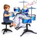 Upgraded Kids Drum Set with Lights: 6 Piece Jazz Drum Kit for Toddlers Ages 3-5, Plastic Musical Instrument Toy for Kids 3+, Early Learning Gift for Boys and Girls 3-8 (Blue)