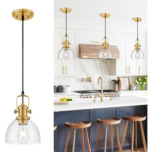 Audickic Pendant Lights Kitchen Island, 7.5" Farmhouse Pendant Lighting with Clear Seeded Glass Shade, Vintage Hanging Light Fixtures for Dining Room, Brushed Gold