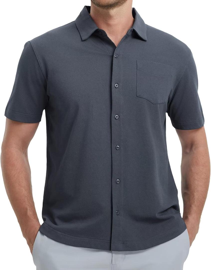 VEBOON Men's Short Sleeve Button Down Shirts Cotton Lightweight Stretch Moisture Wicking Dress Shirt with Pocket (L)