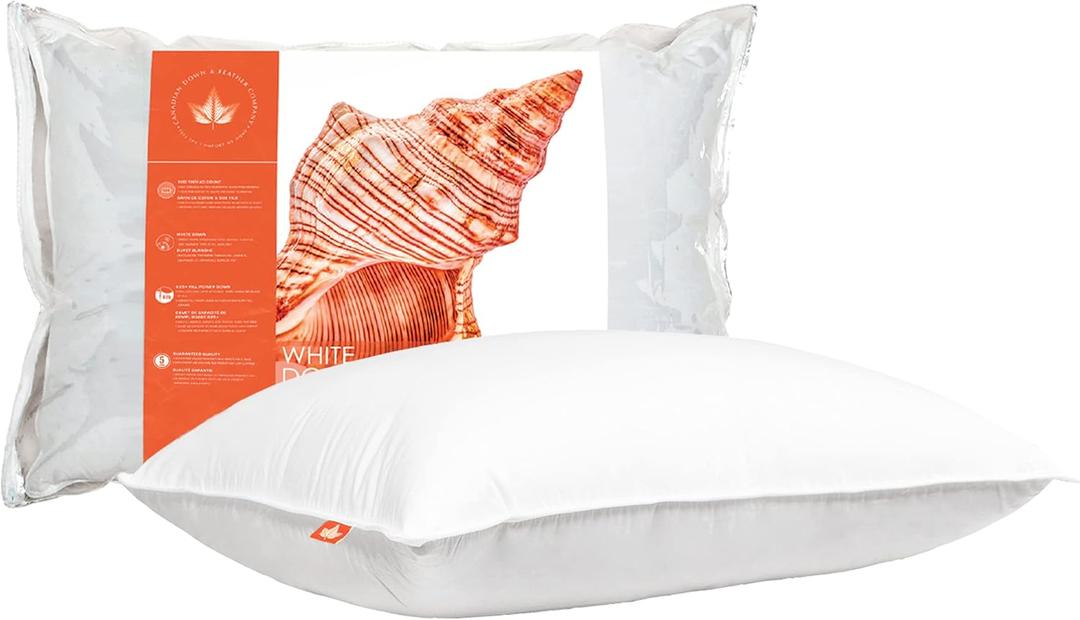 Canadian Down & Feather Co. 1 Pack Soft 625 Fill Power White Down Sleeping Pillow Standard Size - 500 Thread Count Shell 100% Cotton - Made in Canada