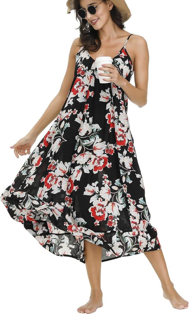 BUENOS NINOS Women's V Neck Floral Maxi Dress Boho Printed Adjustable Spaghetti Strap Ethnic Beach Long Dress with Pockets (Small, Black Flower Dress)