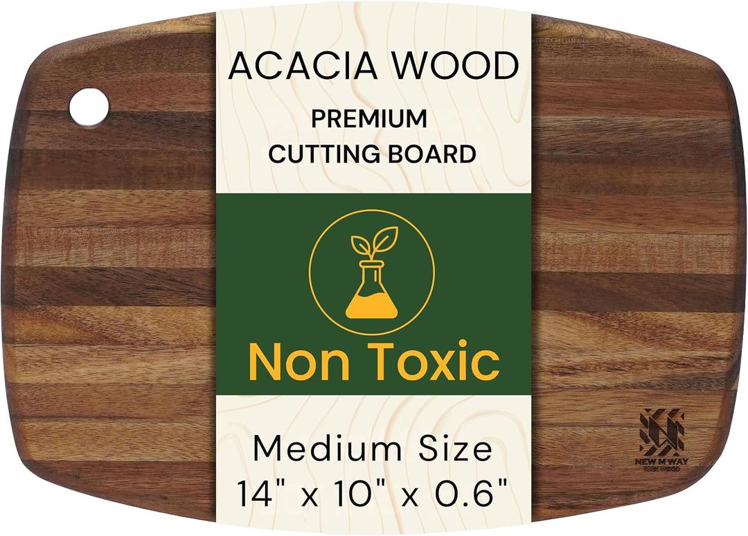 Acacia Wood Cutting Board 14 x 10 Inch Oval, 0.6" Thin Edge Grain, Handle & Hanging Hole, for Fruit, Cheese, Bread, Kitchen Prep, Non-Toxic BPA/Plastic Free, Solid Hardwood by New M Way