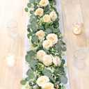 TOCHGREEN 2 Pack 12Ft Artificial Eucalyptus Flower Garland with Champagne Roses, Fake Rose Flower Greenery Garland Floral Vines for Wedding Home Party Table Runner Decor (2PCS, Champagne)