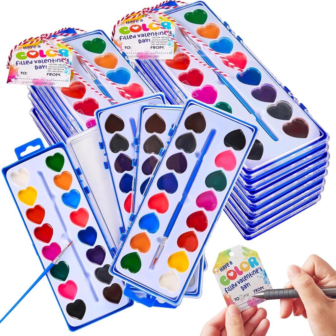 JOYIN 24 Pcs Valentines Day Heart-Shaped Watercolor Paints, 16 Colors Paint Palettes with Brushes & Gift Tags & Ropes, Valentines Day Arts for Kids Crafts DIY Activity Classroom Gifts Party Favors