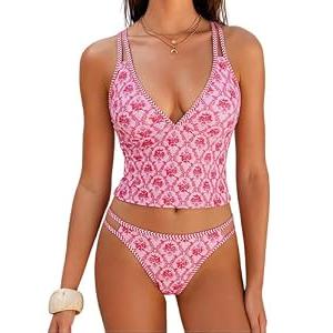 ZAFUL Tankini Swimsuits for Women V Neck Dual Straps Cropped Bikini Swimsuit High Cut 2 Pieces Bathing Suit (2-Floral Red, L)