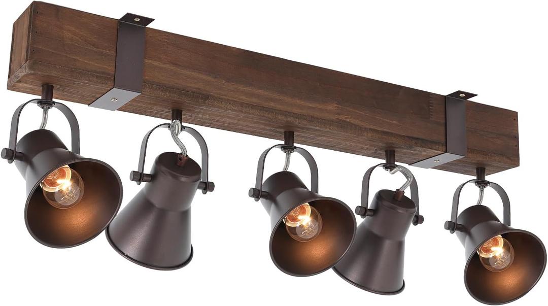 5 Light Semi Flush Mount Ceiling Light, Farmhouse Wooden Track Lighting Fixtures Ceiling, Rustic Kitchen Lights Ceiling with Adjustable Heads for Kitchen Island Dining Room Living Room