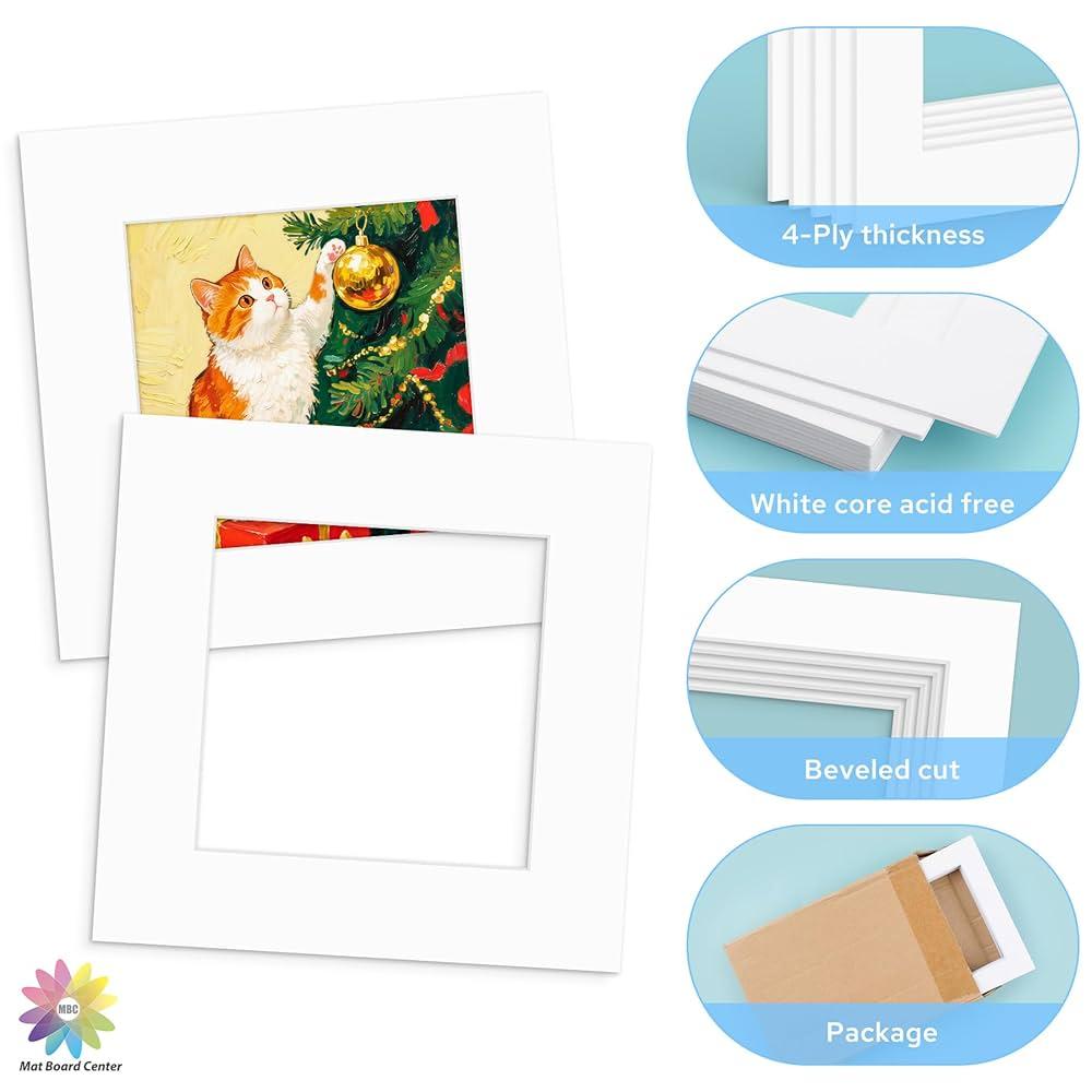 3 Pack White Picture Mats, Mat Board Center,  White Mats for Pictures - Acid Free, Thick, White Core, Bevel Cut - for Artworks, Photos, Framing
