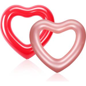 Sumind 2 Pieces Heart Pool Float, 47.3 x 39.4 Inch Inflatable Swim Rings Bachelorette Party Pool Float Tube, Heart Shaped Summer Swimming Ring, Water Beach Party for Adults (Rose Gold, Bright Red)