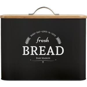 Extra Large Black Farmhouse Bread Box for Kitchen Countertop - Breadbox Holder Fits 2+ Loaves - Bread Storage Container Bin - Rustic Bread Keeper Vintage Metal Kitchen Decor (Black with Wood Lid)