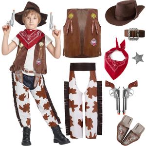 IKALI Kids Boys Cowboy Costume, West Boy Sheriff Outfit with Hat Accessories Halloween 3-10Y (4-6Y, Brown)