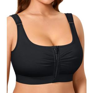 BRABIC Wireless Zip Front Closure Bras for Women No Underwire Full Coverage Comfort Everyday Post Surgery Compression Bra (Large, Black)