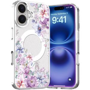 for iPhone 16 Magsafe Case, Slim Floral Shockproof Protective Hard PC+TPU Cute Bumper Flower Cover Women Magnetic case