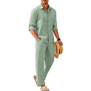COOFANDY Mens Linen Sets 2 Piece Long Sleeve Button Down Cuban Shirt and Pants Set Summer Beach Set Outfits (Green, XL)