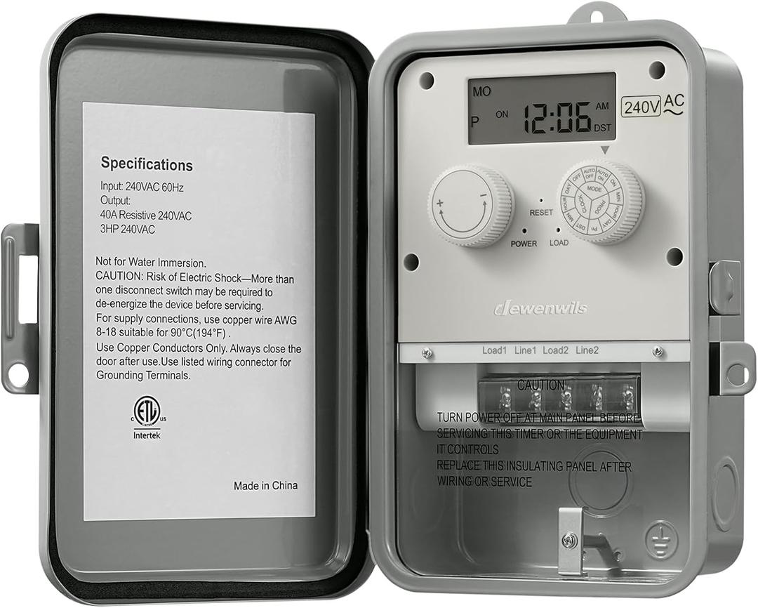 DEWENWILS Outdoor Digital Pool Pump Timer, 3HP 40A 240VAC, 7-Day 12 ON/Off Programmable Timer Switch for Pool Pump, Water Heater, Pool Filter, Landscape Lights, ETL Listed