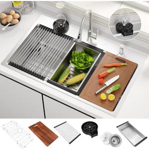 33x22 Inch Kitchen Sink Black Drop In Stainless Steel Kitchen Sinks 16 Gauge Single Bowl Workstation Luxury Top Mount Sink with 6 Accessories Include Glass Rinser (Brushed Nickel)