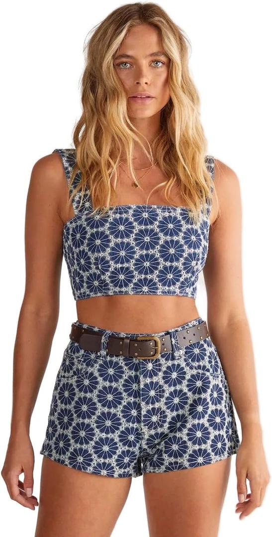 Nasty Gal Women's Denim Floral Embroidered Strappy Crop Top (Blue, S)