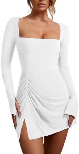 Oumrdeo Women’s Ruched Bodycon Dress Sexy Long Sleeve Square Neck Split Cocktail Party Club Mini Short Tight Dress XL