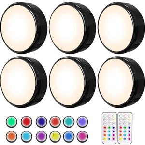 HELPLEX LED Puck Lights with Remote, 6 Pack Color Changing RGBW, Battery Powered, Dimmable Under Cabinet Lighting with Timer & Memory, Wireless Stick-On Lights, Black