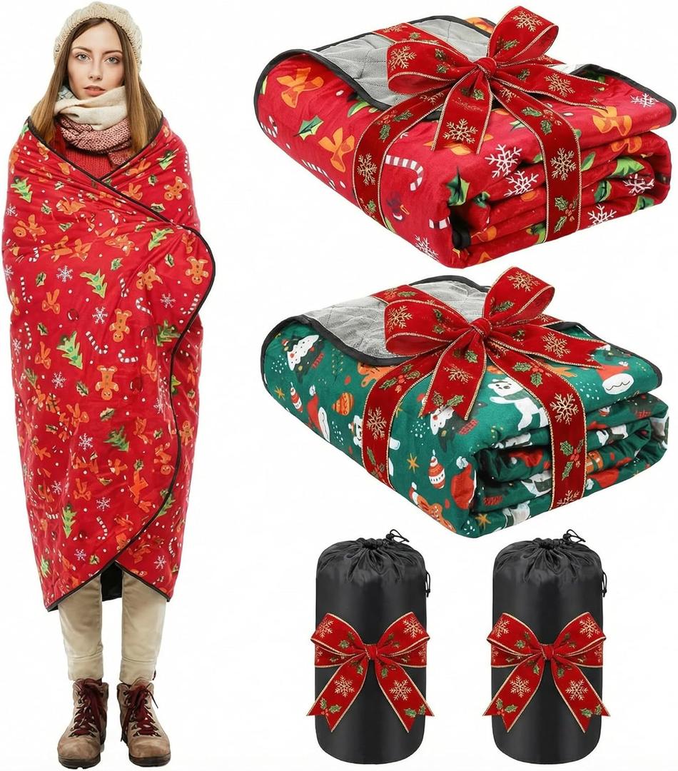 2 Pack Christmas Outdoor Blankets Gifts 78 x 55 in Stadium Blankets Windproof Waterproof Fleece Christmas Picnic Blanket for Campers Sports Fans(Stylish)