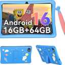 Kids Tablet 10 inch, Android 16 Tablet for Kids Ages 6-12, 16GB RAM 64GB ROM 2TB Expand, Parental Control, HD Eye Protection, Includes Case & Stylus Pen, WiFi, Blue