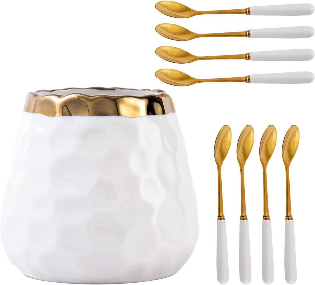 Coffee Spoon Set,Ceramic Jar with 8 Small Spoons for Coffee,Tea,Ice Cream,Cake,Flatware Set (White gold jar+8 spoons)