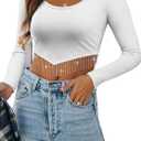 ZXZY Women Soft Ribbed Sparkly Rhinestone Fringe Long Sleeve Crop Top Cropped T Shirts (Large)