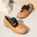 PANDANINJIA Girls Dress Shoes Ballet Flats Mary Jane Elastic Cross Strap Little Big Kid Low Heels Flower Girl Shoes (Brown Pu)