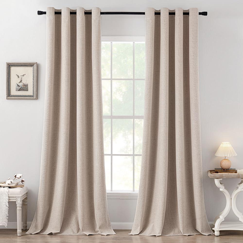MIULEE 100% Blackout Linen Textured Curtains for Bedroom 112 Inches Extra Long Thermal Insulated Natural Beige Grommet Room Darkening Curtains & Drapes Luxury for Living Room Nursery (2 Panels)